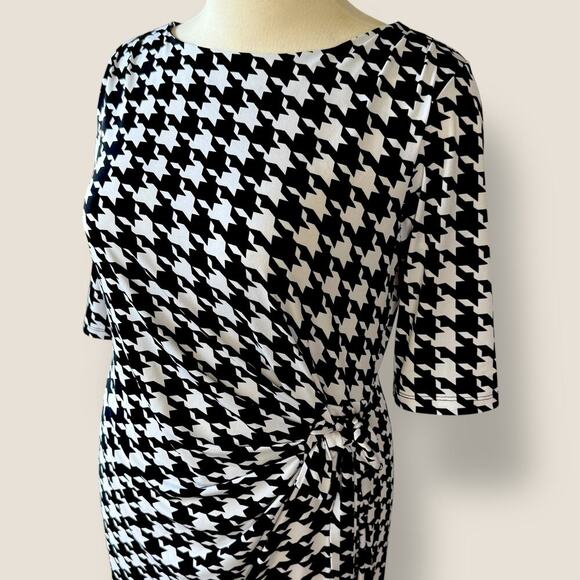 Kiara Houndstooth Half Sleeve Ruched Stretchy Sheath Dress Size L Black & White - Picture 6 of 13